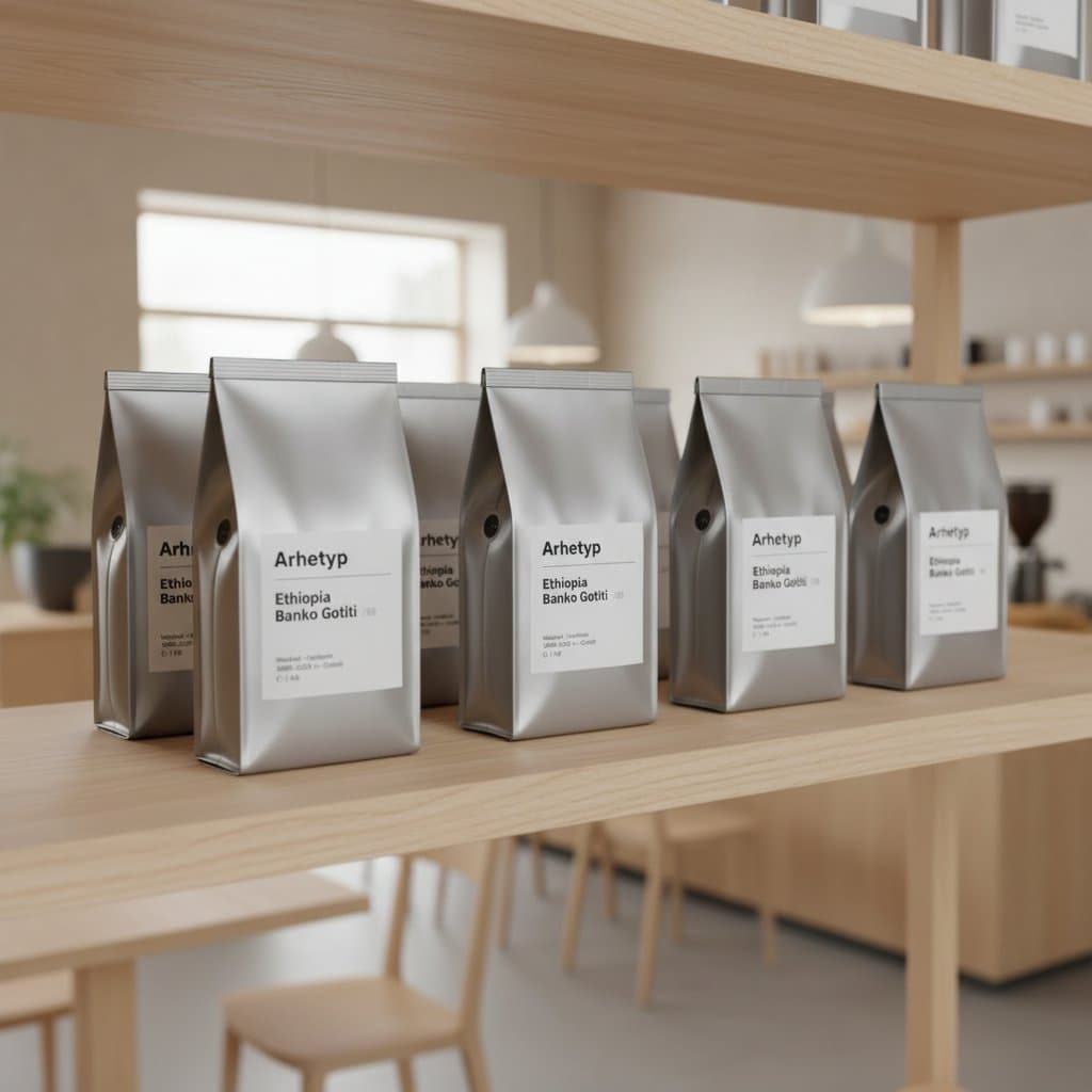Arhetyp pouches on a café shelf