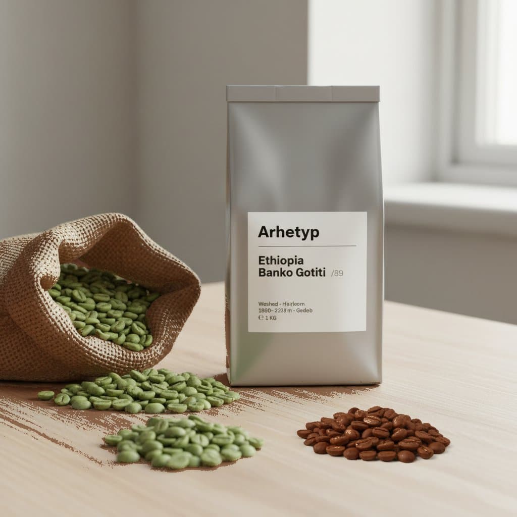 Arhetyp pouch beside a green-coffee sack